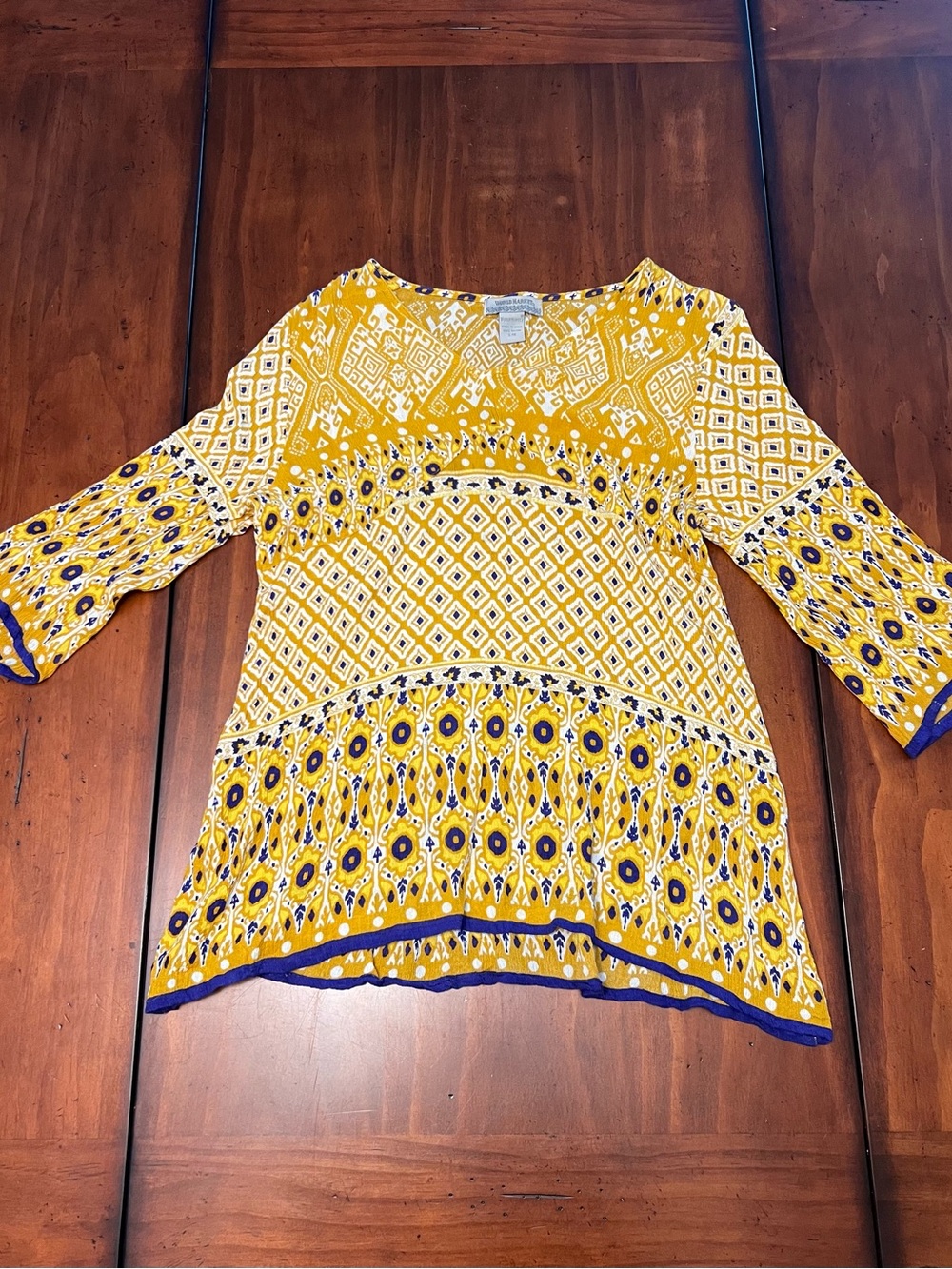 World Market S/M Boho Tunic Top Mustard Navy Ikat Bell Sleeve Rayon